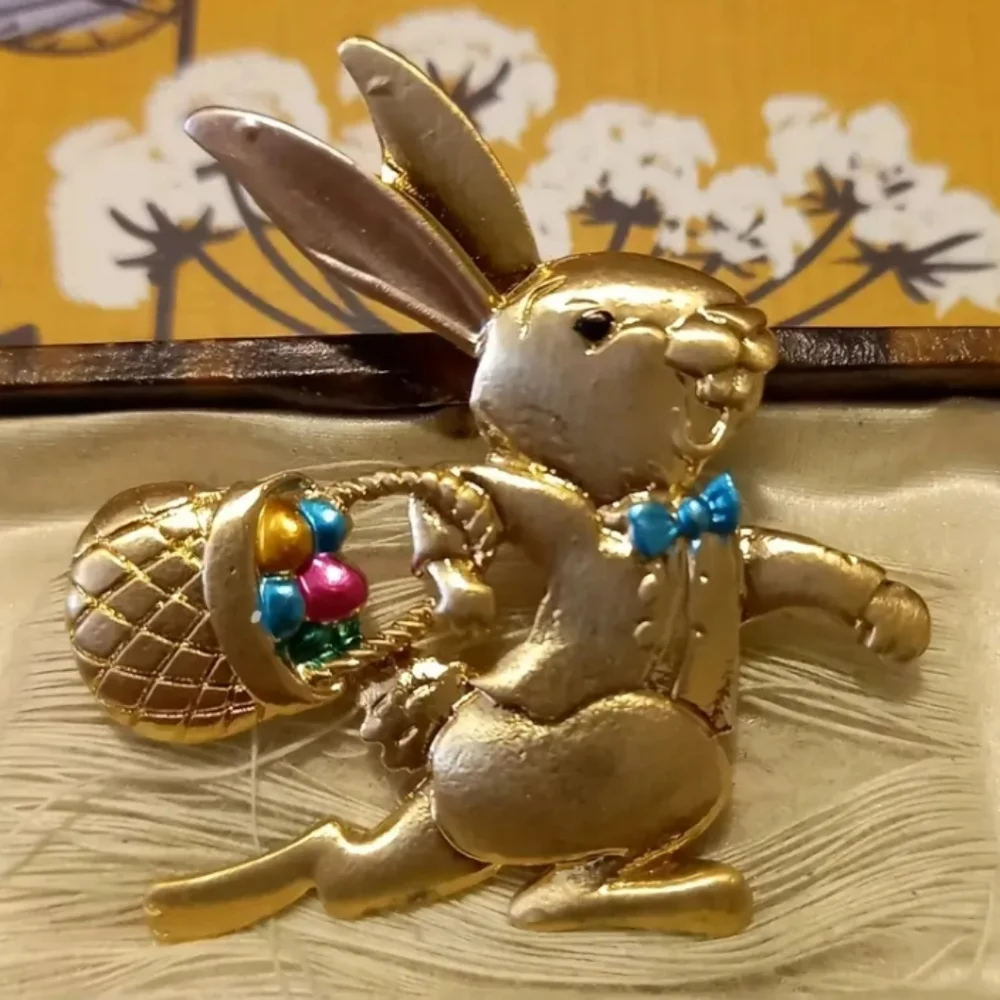 Gold Bunny Easter Basket Brooch Pin